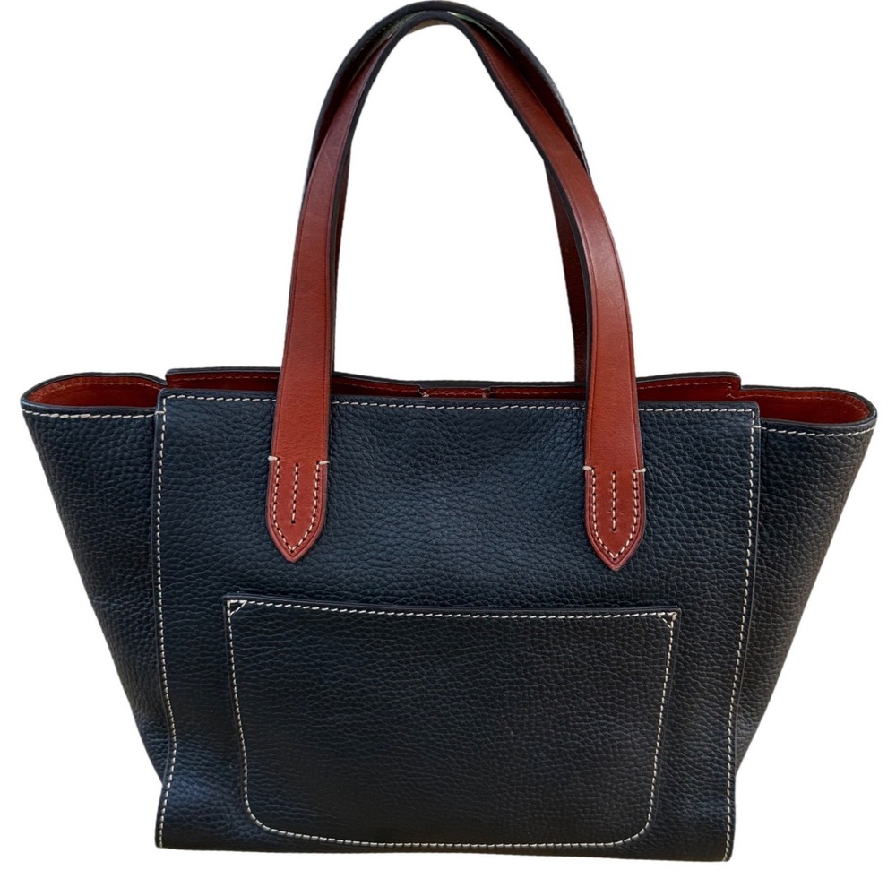 Dooney & Bourke Black Pebble Leather Tote Bag Brown Trim Red Interior - Picture 2 of 9